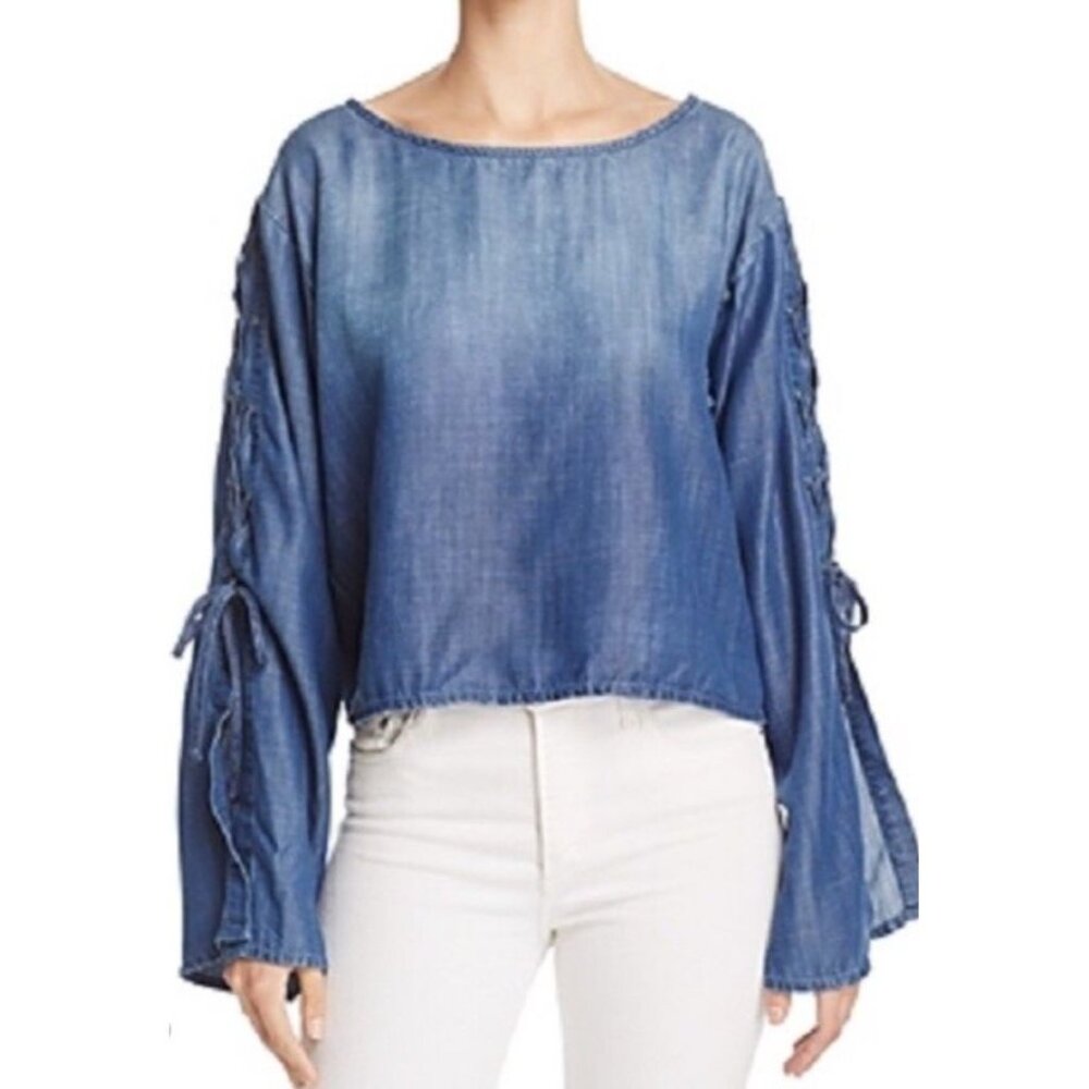 Bella Dahl Sz S Blouse Lace Up Bell Sleeve Blue Chambray Top Piratecore New